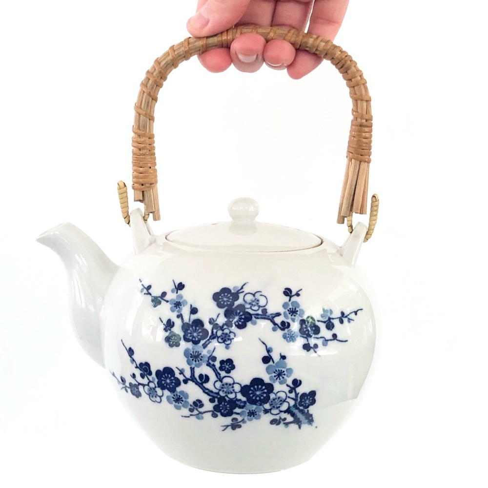 Vintage Japanese Floral White Blue Teapot w Lid Rattan Handle, Otagiri OMC Japan
